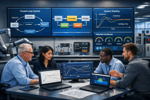 Diverse engineers collaborating in a modern laboratory with digital screens displaying closed-loop feedback diagrams, PID control graphs, and industrial dashboard metrics for engineering systems.