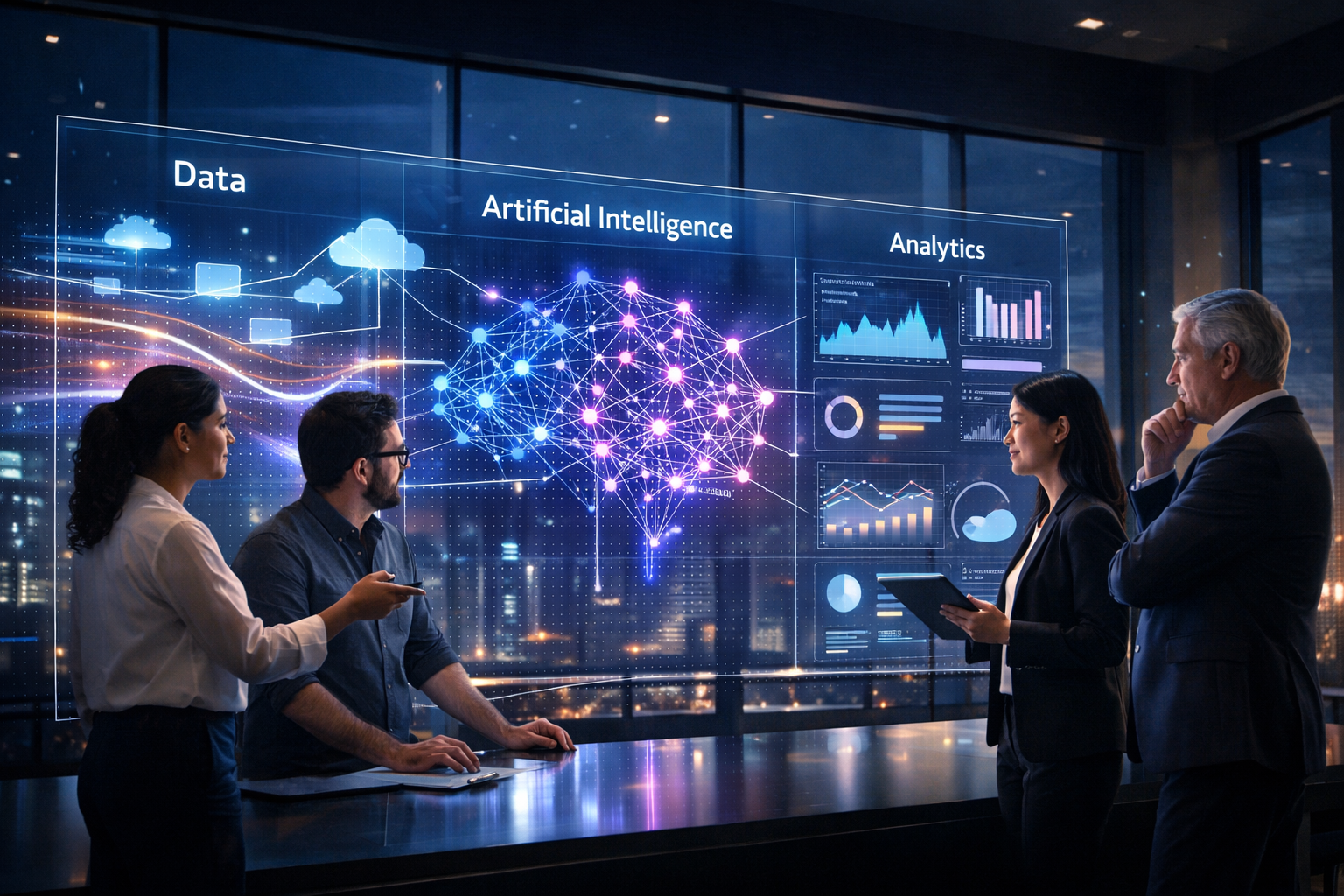 Digital intelligence dashboard showing data streams, AI neural networks, and analytics charts in a modern enterprise office environment