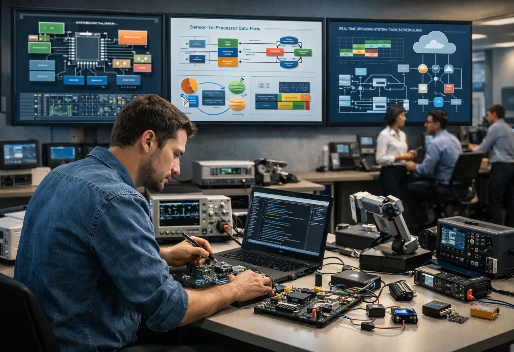Engineer working on microcontroller board in modern lab demonstrating embedded systems within engineering systems including sensors, RTOS diagrams, and IoT connectivity.