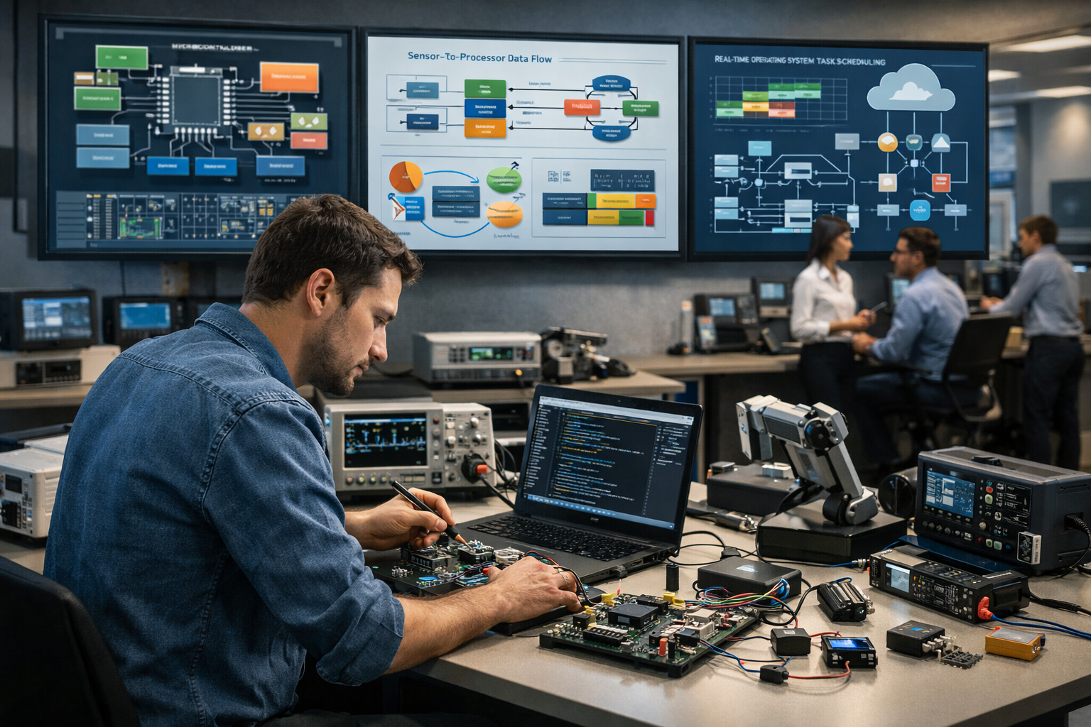 Engineer working on microcontroller board in modern lab demonstrating embedded systems within engineering systems including sensors, RTOS diagrams, and IoT connectivity.