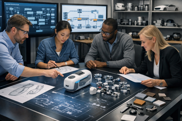 Industrial designers and engineers collaborating in a modern workspace with CAD models, blueprints, and system architecture displays.