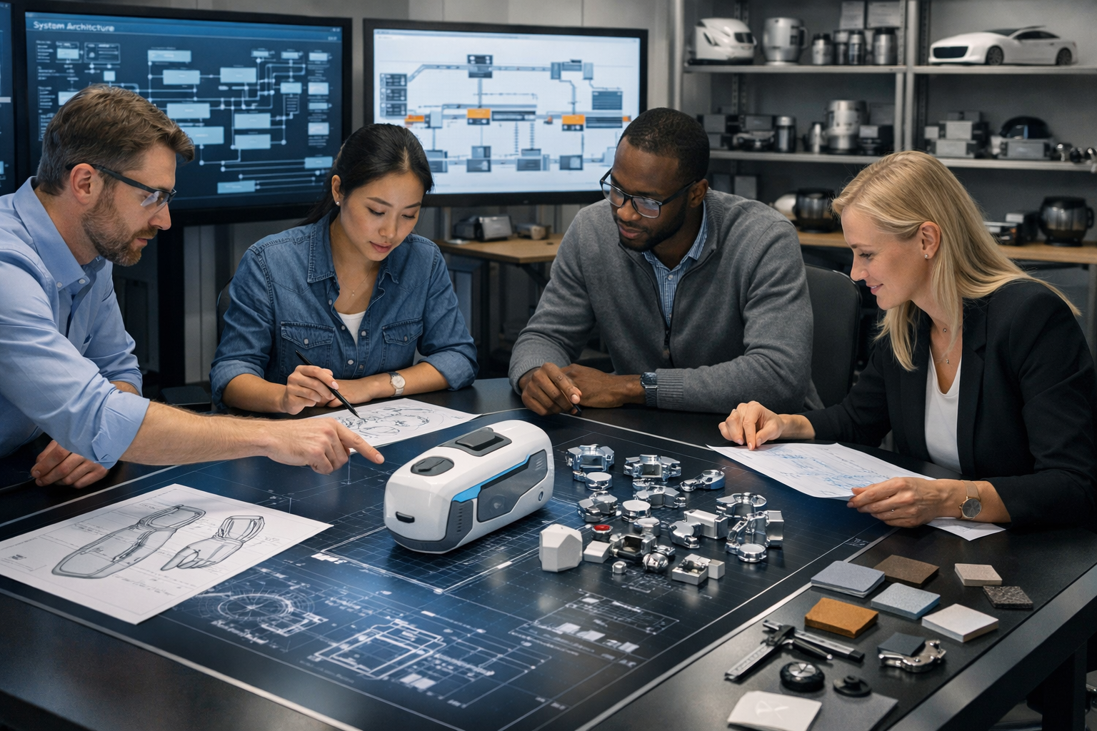 Industrial designers and engineers collaborating in a modern workspace with CAD models, blueprints, and system architecture displays.