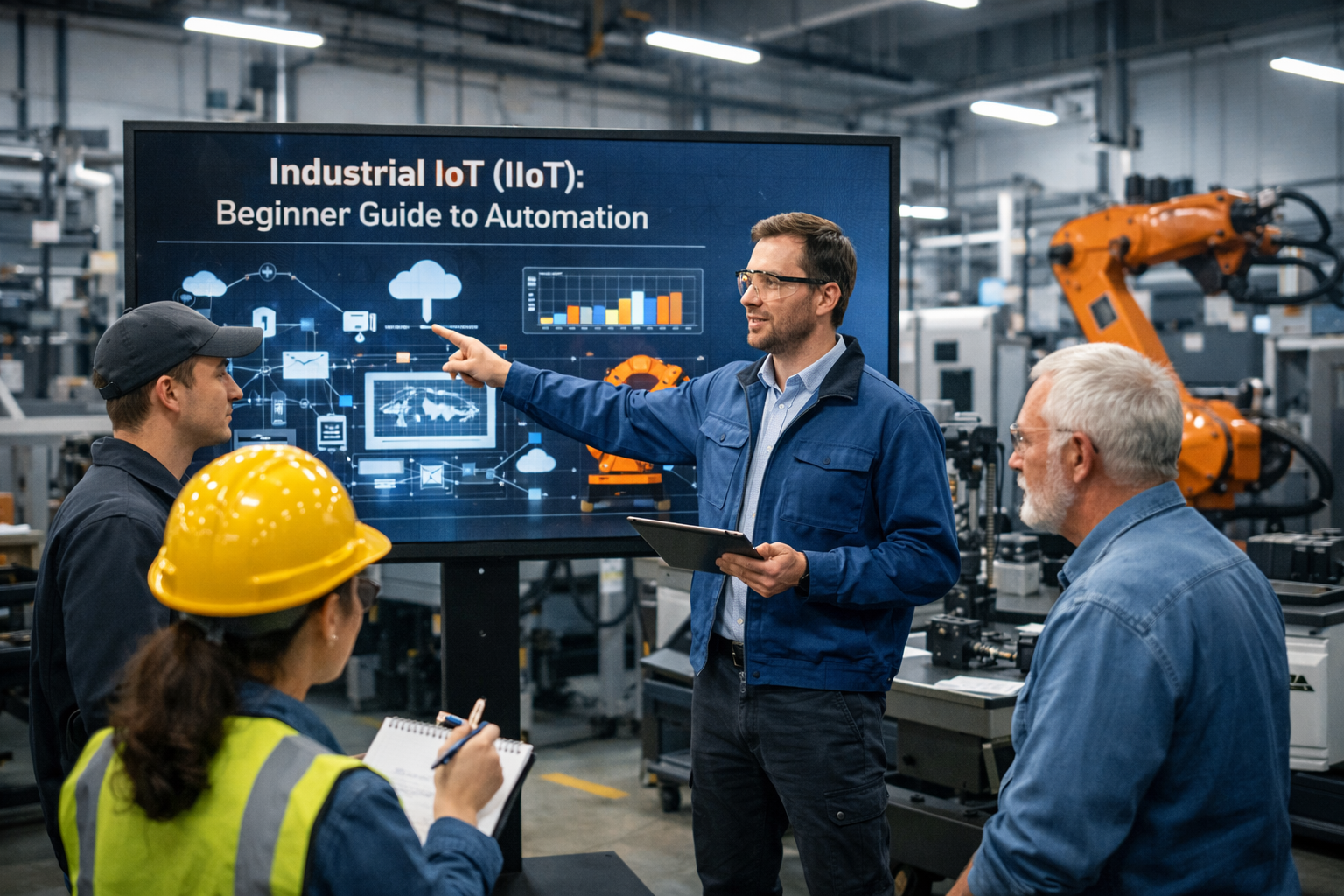Engineers monitoring connected machines in a smart factory using industrial IoT automation systems