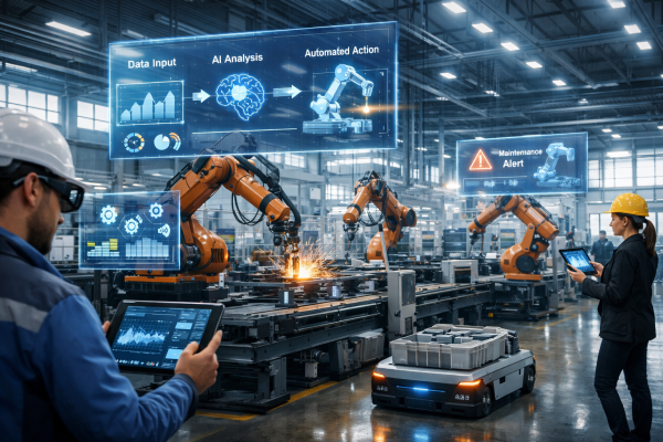 Industry 4.0 smart factory with robotic arms, AI analytics dashboards, IoT sensors, and connected manufacturing systems in a modern facility