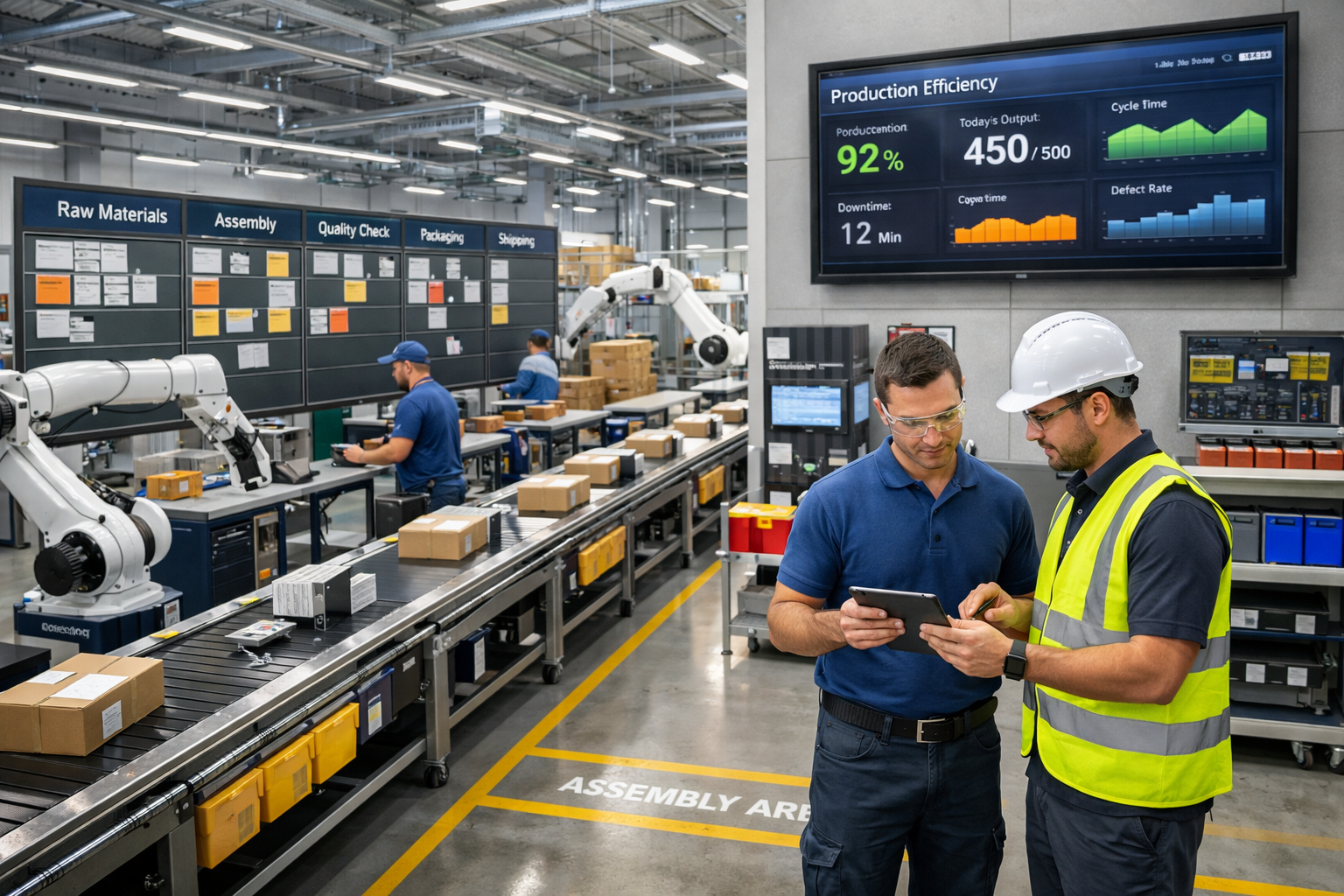 Lean manufacturing production line in modern factory with organized 5S workstations, Kanban board, and digital performance dashboard
