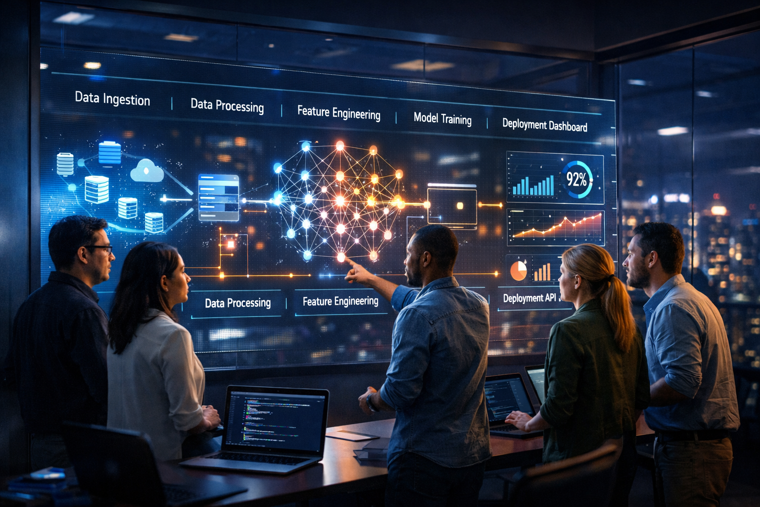 Machine learning systems architecture displayed in a high-tech AI operations center with engineers reviewing data ingestion, model training, deployment API, and monitoring dashboard