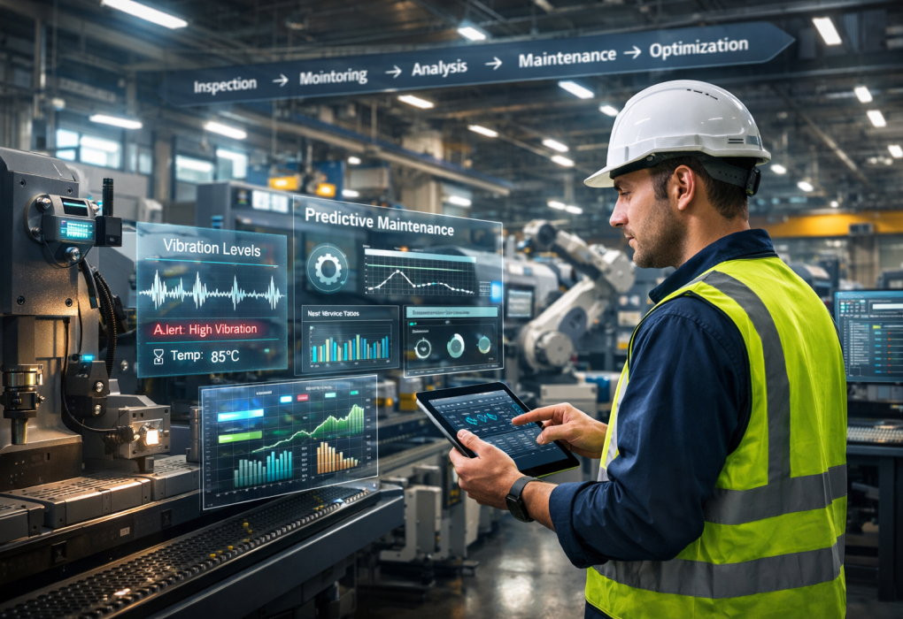 Maintenance engineer using digital tablet with IoT sensors and predictive maintenance dashboard in modern manufacturing facility