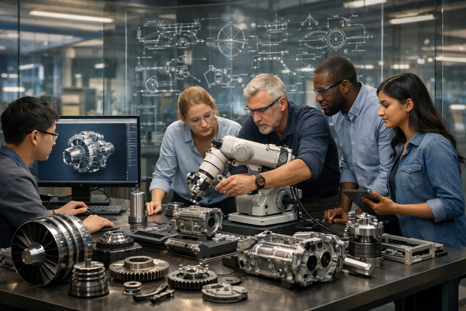 Mechanical engineering team analyzing robotic arm and turbine components in a modern laboratory with CAD models and system diagrams
