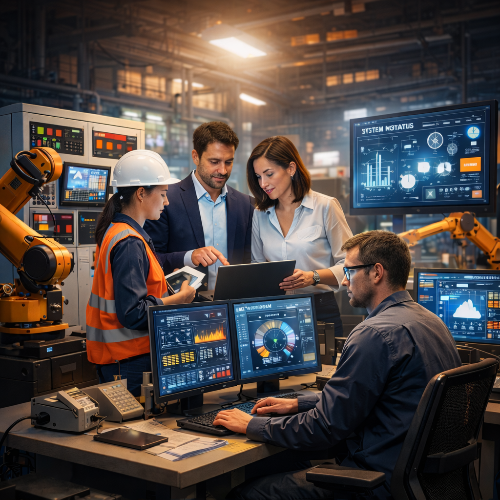 PLC control panel connected to IoT sensors managing industrial automation processes