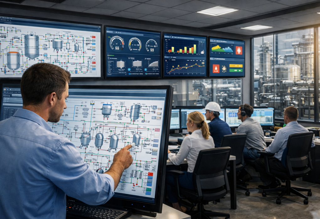 Process engineering control room showing engineers analyzing process flow diagrams, system dashboards, and industrial engineering systems in a modern plant