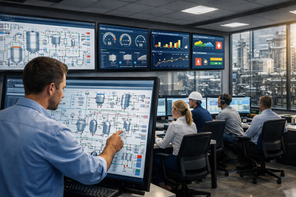 Process engineering control room showing engineers analyzing process flow diagrams, system dashboards, and industrial engineering systems in a modern plant