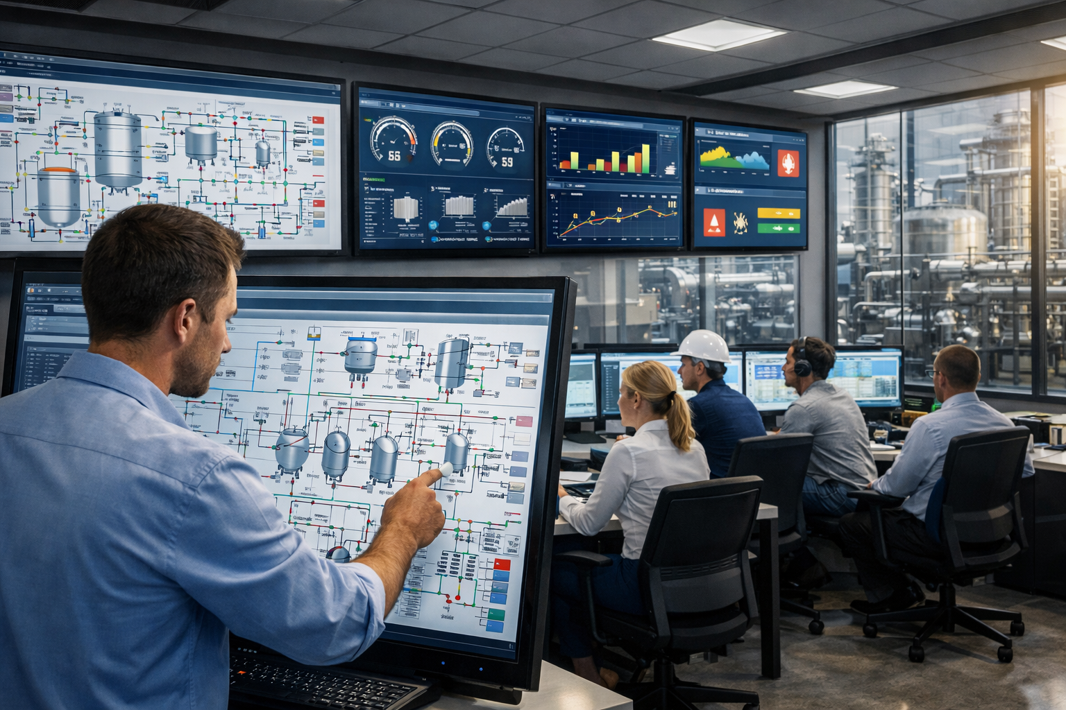 Process engineering control room showing engineers analyzing process flow diagrams, system dashboards, and industrial engineering systems in a modern plant
