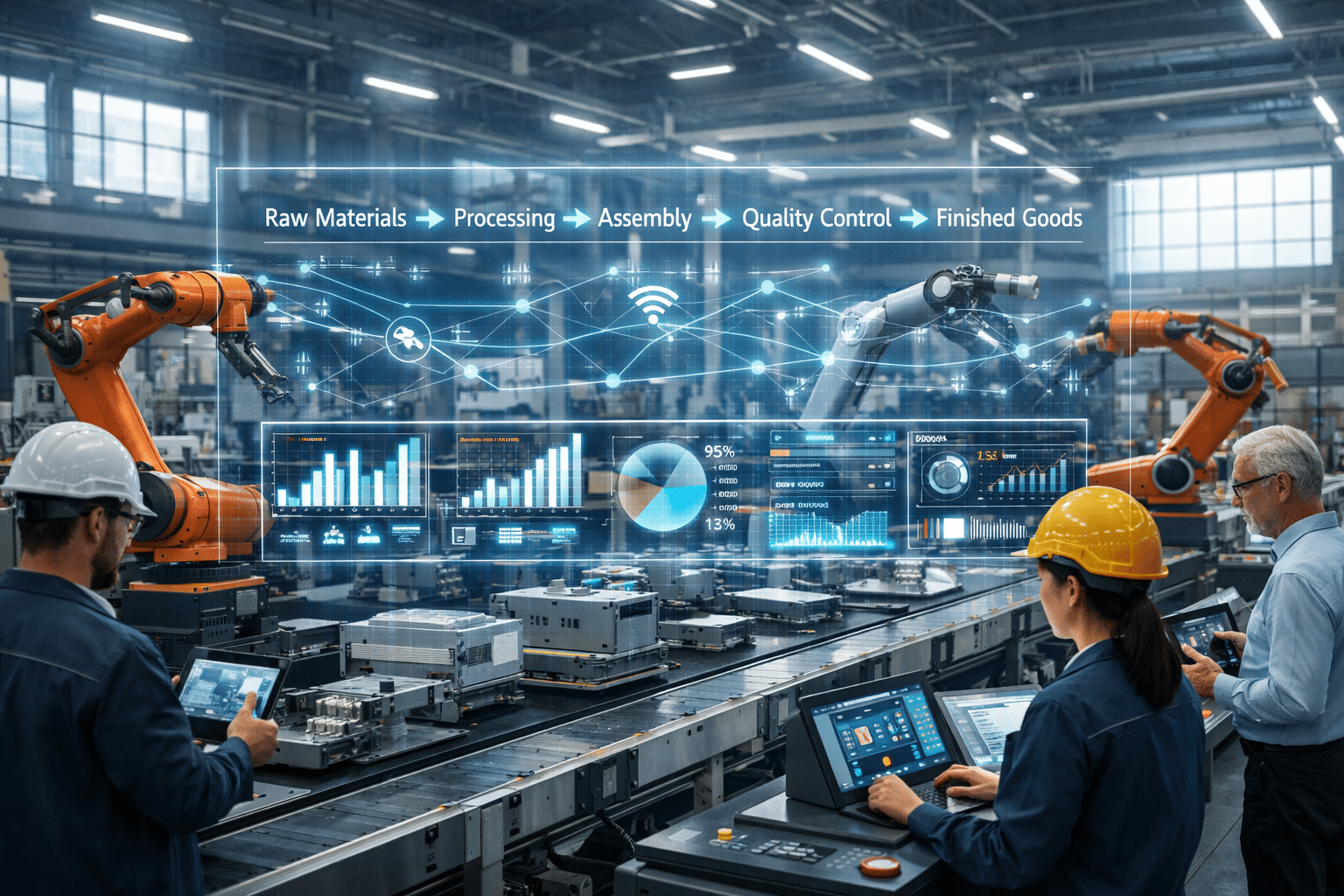 Advanced smart factory showcasing production systems in manufacturing technology with robotic arms, automated conveyor line, and holographic workflow dashboard displaying raw materials to finished goods process.