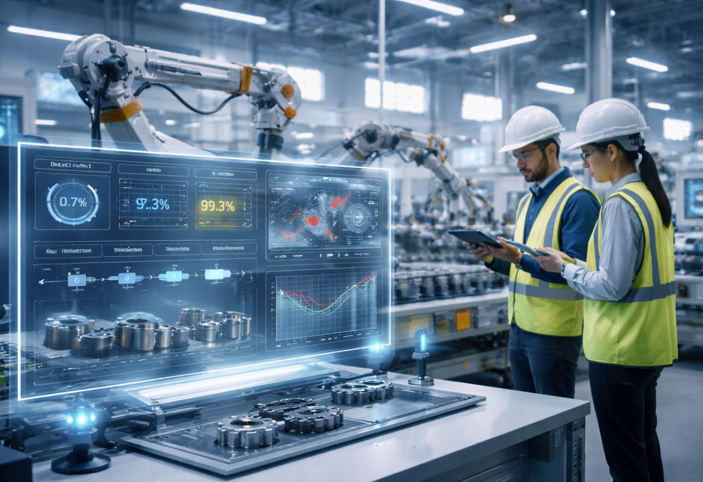 Modern smart factory with automated assembly line and digital dashboard showing quality control metrics, inspection workflow, and AI defect detection system.