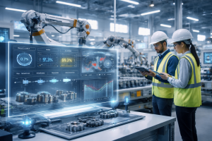 Modern smart factory with automated assembly line and digital dashboard showing quality control metrics, inspection workflow, and AI defect detection system.