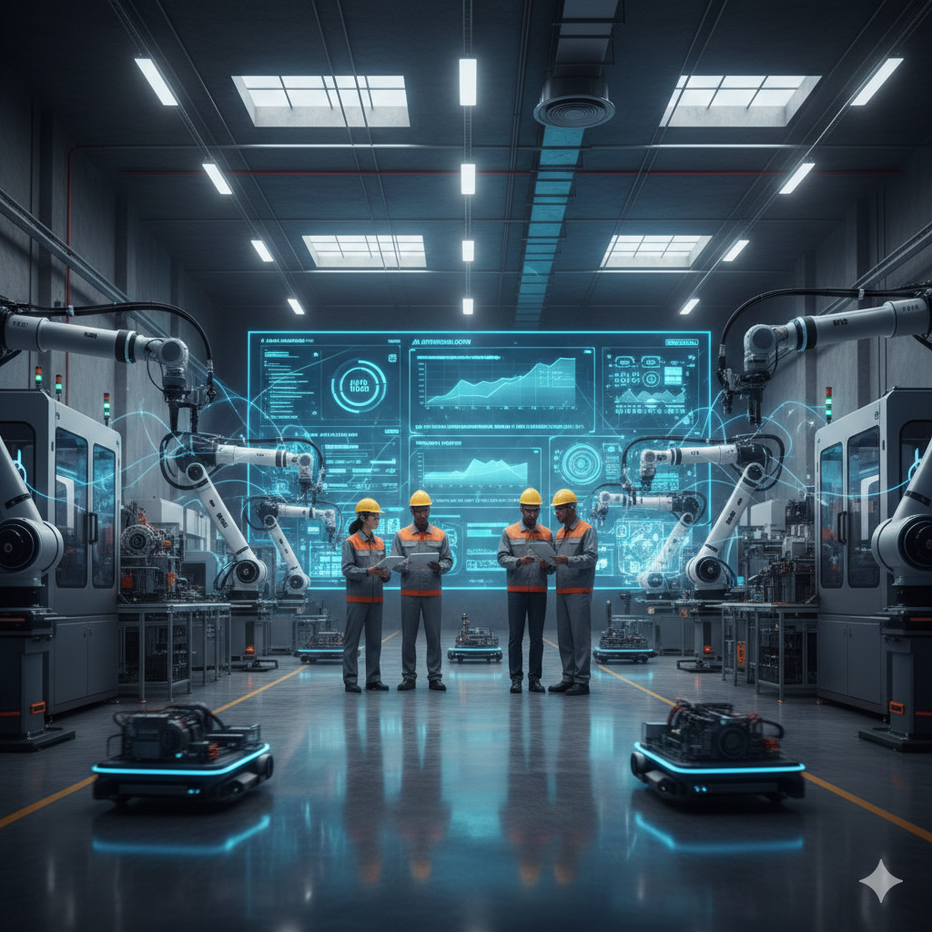Ultra-realistic Industry 4.0 smart factory with robotic arms, autonomous mobile robots, and engineers in safety gear analyzing real-time data on a massive digital dashboard in a high-tech manufacturing facility.