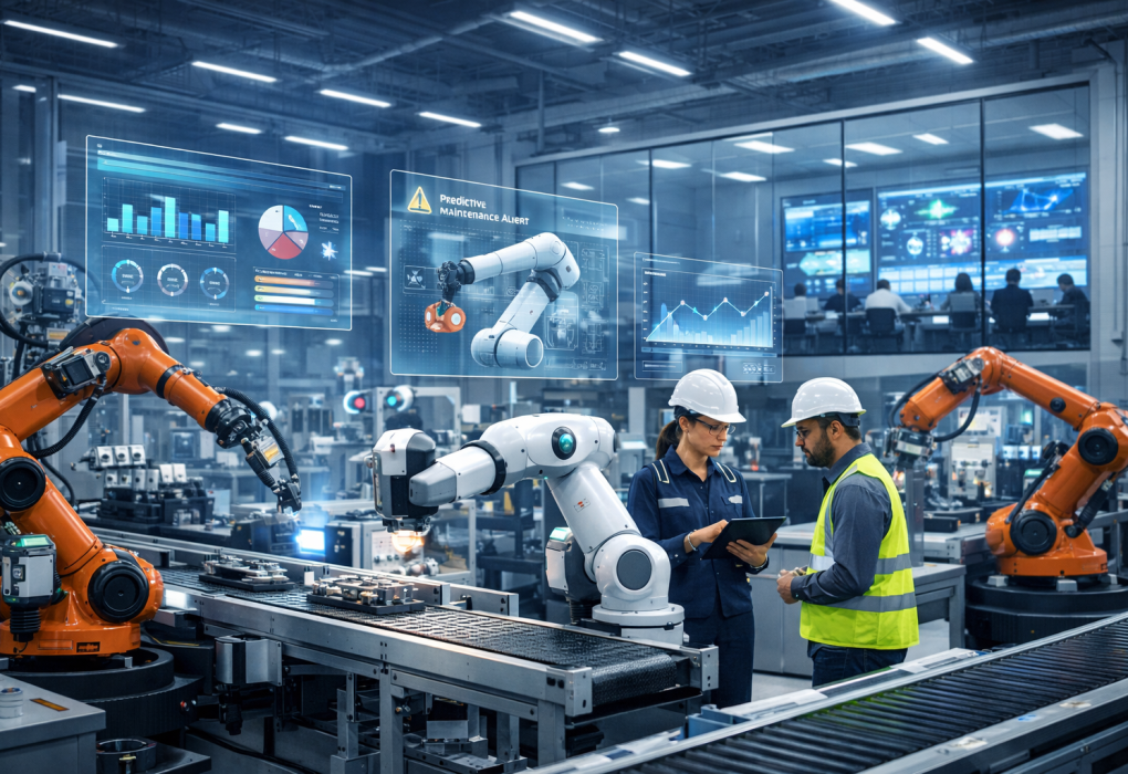 Smart manufacturing facility with robotic arms, cobots and engineers monitoring real-time production dashboards and predictive maintenance analytics.