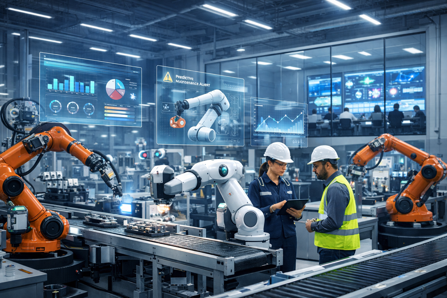 Smart manufacturing facility with robotic arms, cobots and engineers monitoring real-time production dashboards and predictive maintenance analytics.