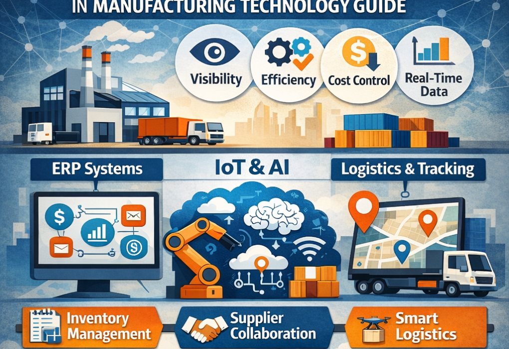 Supply Chain Tech in Manufacturing Technology infographic showing ERP systems, IoT and AI integration, logistics tracking, inventory management, and smart transportation solutions.