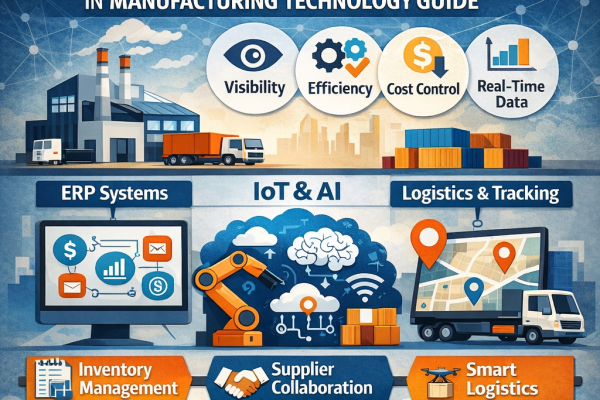 Supply Chain Tech in Manufacturing Technology infographic showing ERP systems, IoT and AI integration, logistics tracking, inventory management, and smart transportation solutions.
