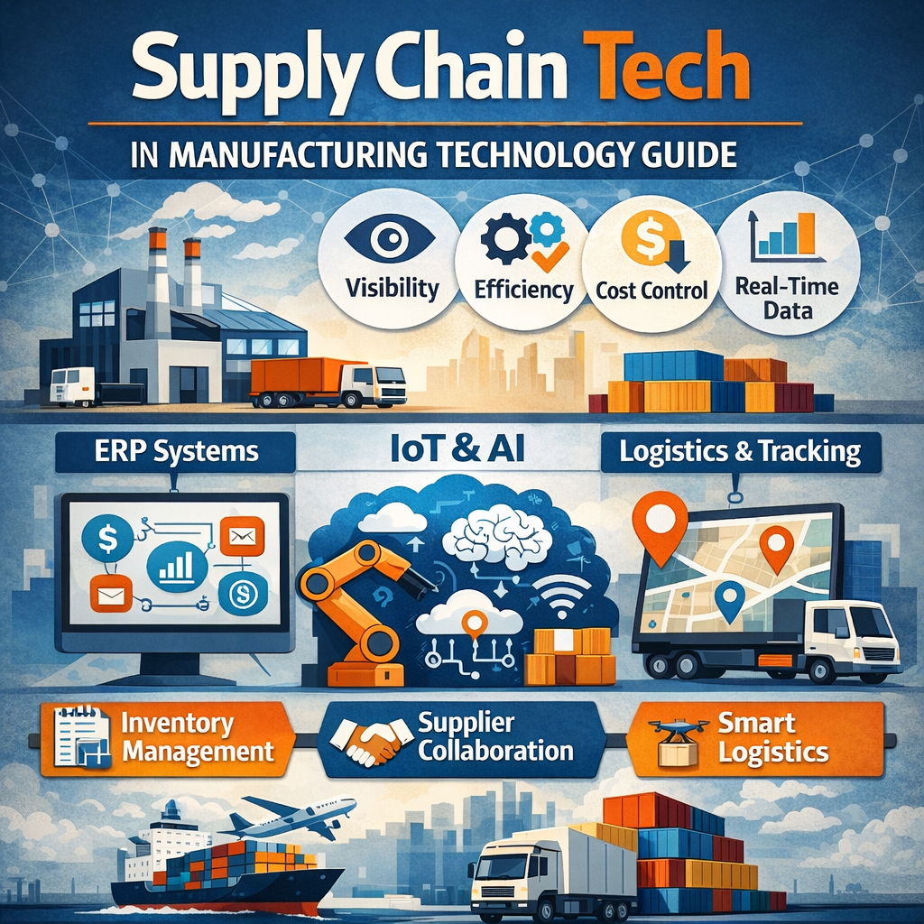 Supply Chain Tech in Manufacturing Technology infographic showing ERP systems, IoT and AI integration, logistics tracking, inventory management, and smart transportation solutions.