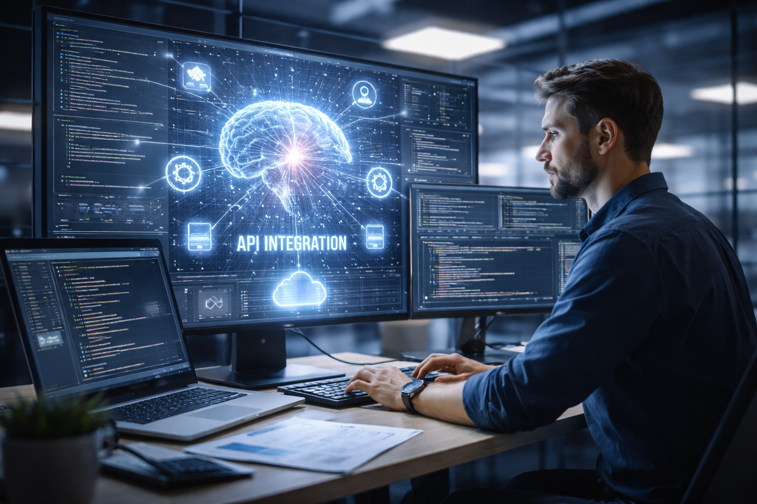systems programmer using AI to integrate APIs with legacy systems on multiple screens displaying code and data analytics