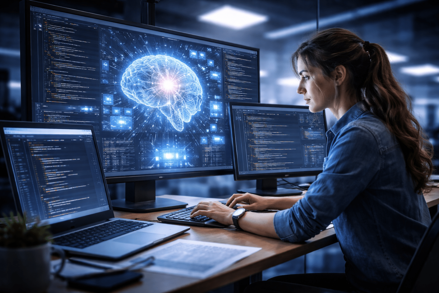 female software engineer using AI code assistant for legacy code maintenance on multiple screens with data and neural network visuals