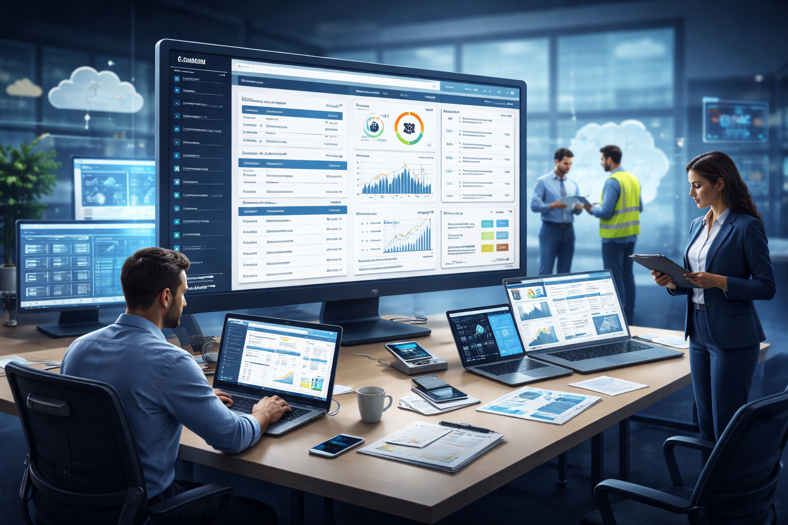 CMMS software dashboard displayed on screens with maintenance team analyzing work orders, asset data, and performance reports in a modern office