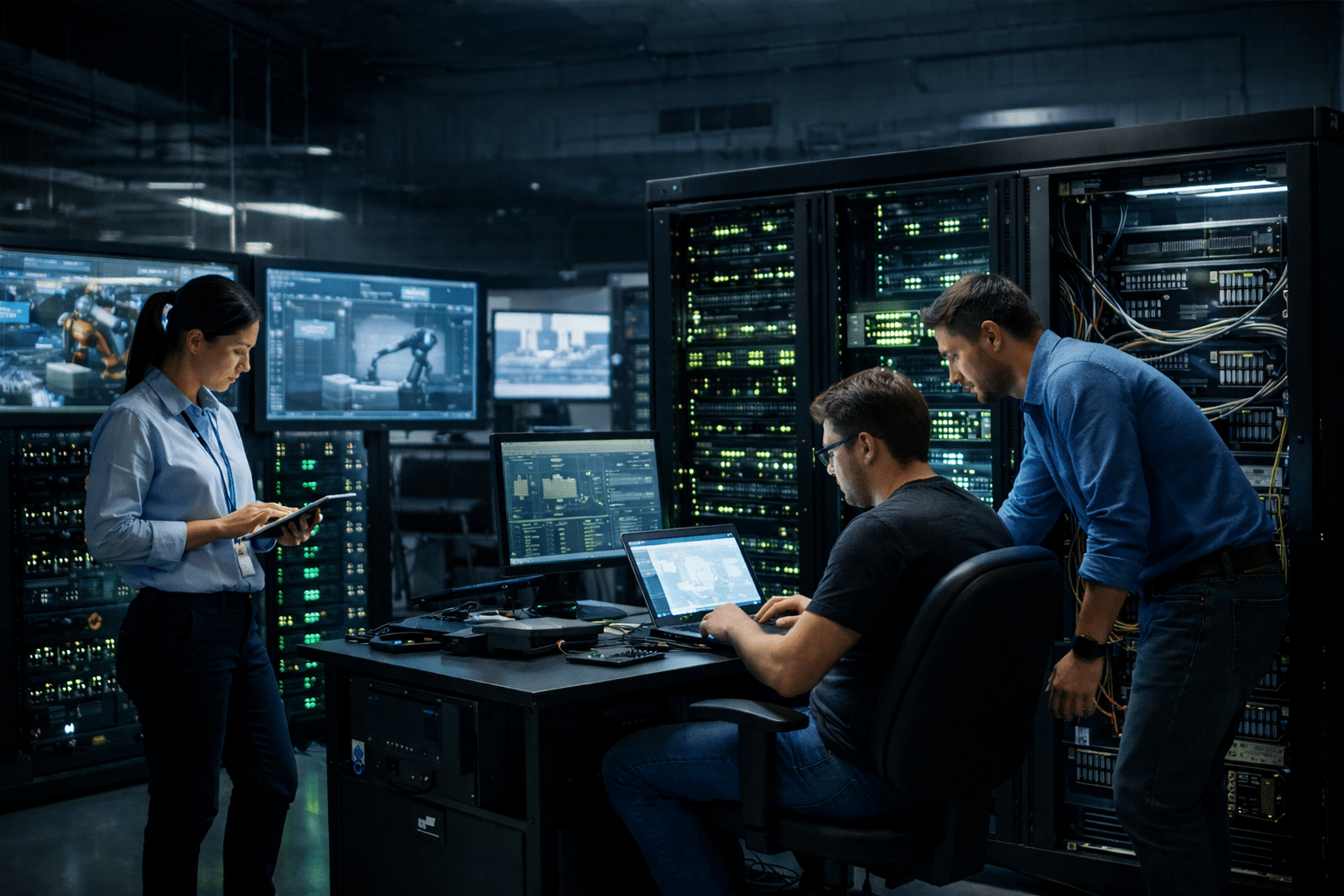 IT engineers working in a modern server room monitoring cyber-physical systems and cloud infrastructure dashboards.