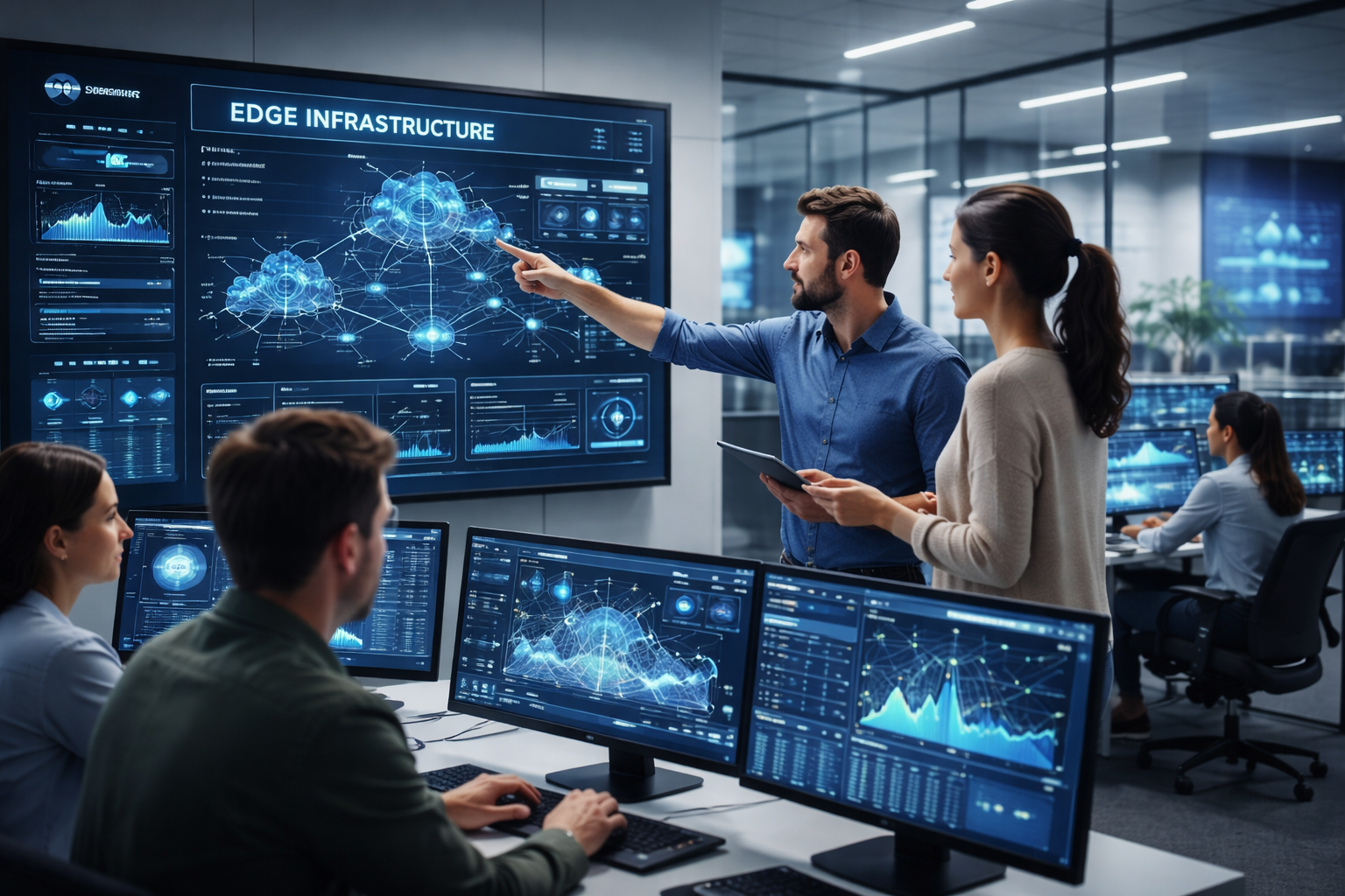 Engineers monitoring edge infrastructure dashboards and distributed cloud computing systems in a modern technology office.