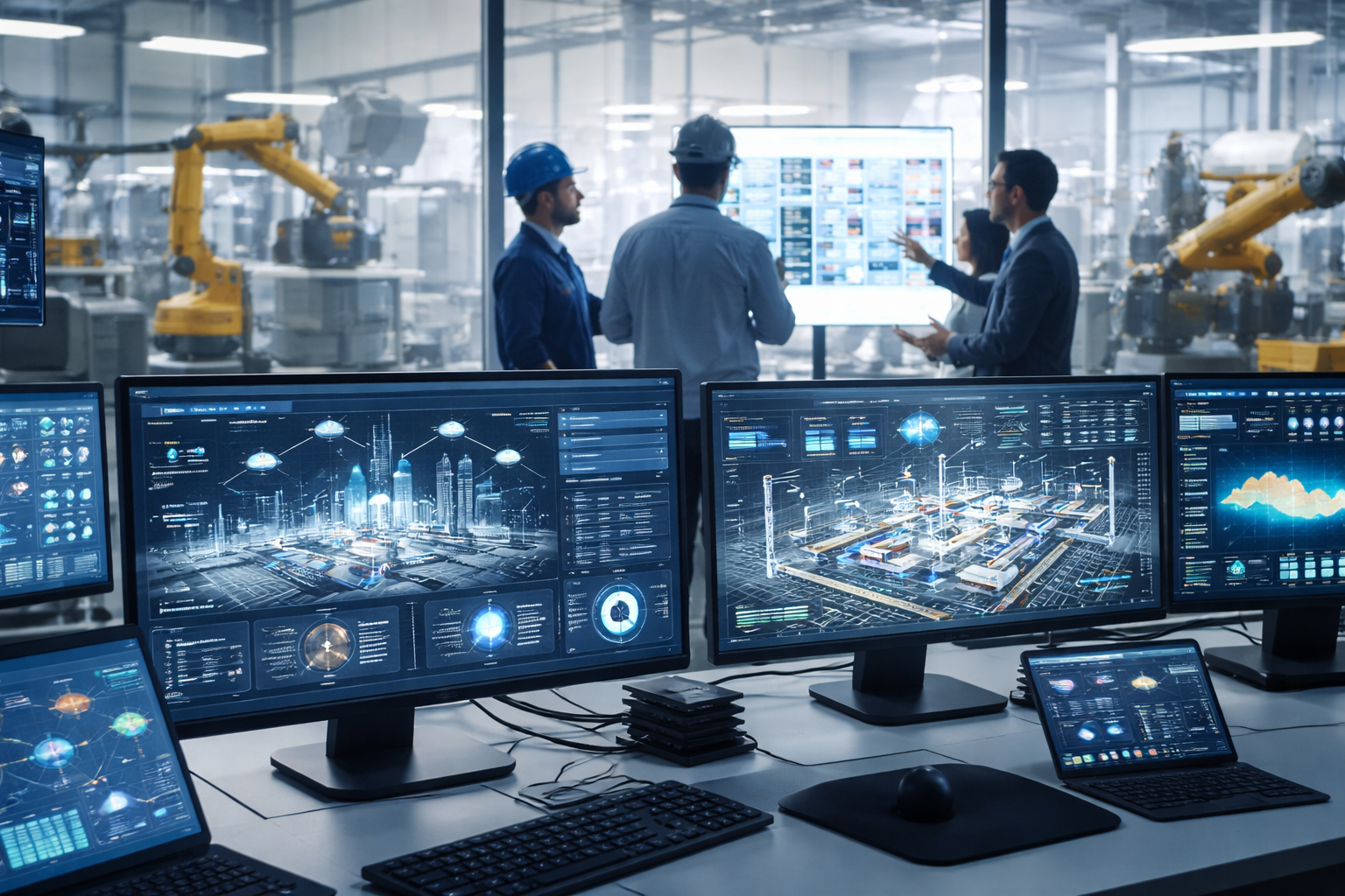 IT/OT convergence in a smart industrial control room with real-time data dashboards, connected machines, and automated production systems
