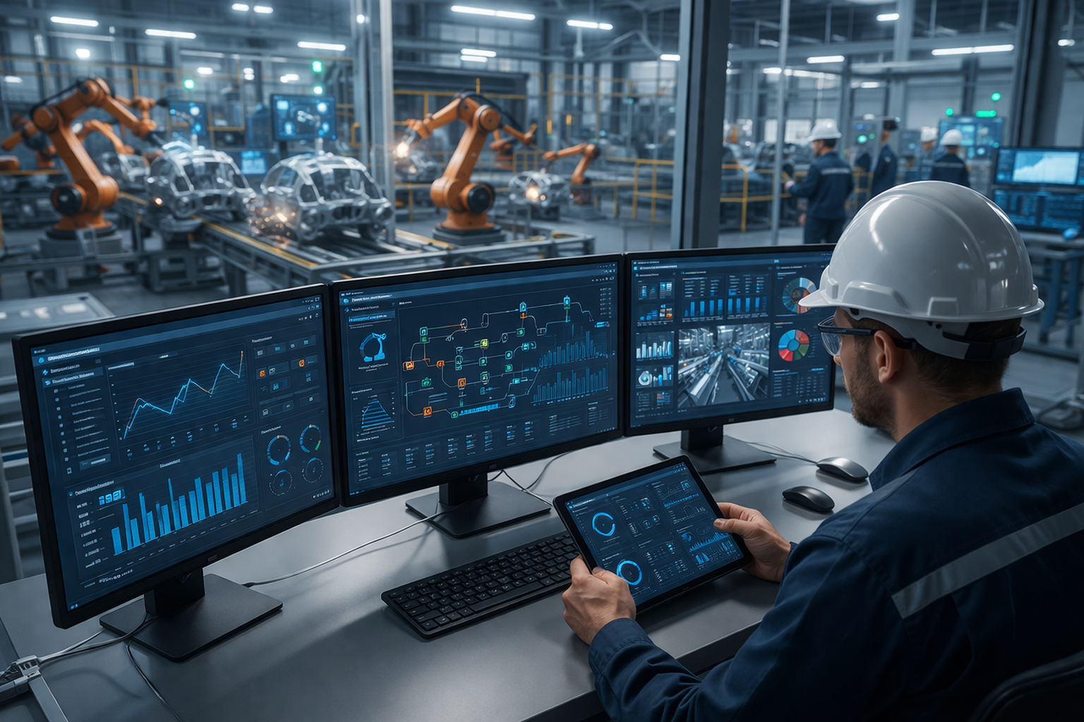 Manufacturing execution system dashboard showing real-time production data with engineers monitoring smart factory operations and automated machines