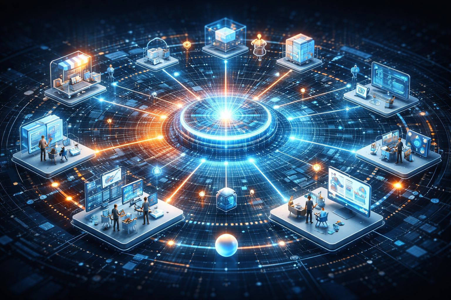 Platform strategy ecosystem showing connected digital platforms, cloud systems, and users interacting in a scalable network environment