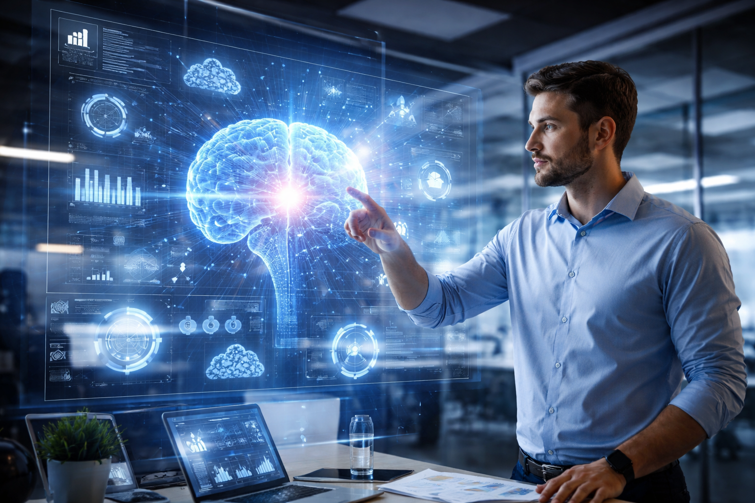 AI engineer using advanced automation technology to transform modern business systems with data analytics and machine learning