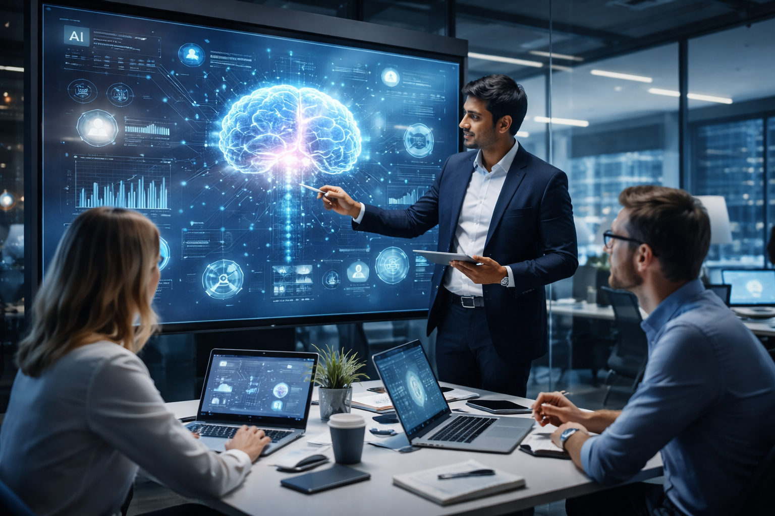 AI automation consulting team analyzing data on digital dashboard in a modern business office