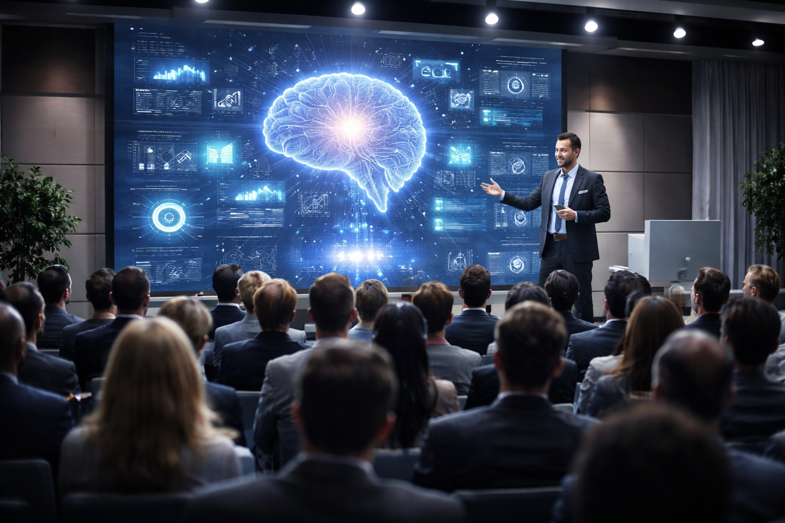 tech consultant presenting AI technology solutions to a large business audience with digital analytics and AI visuals on screen