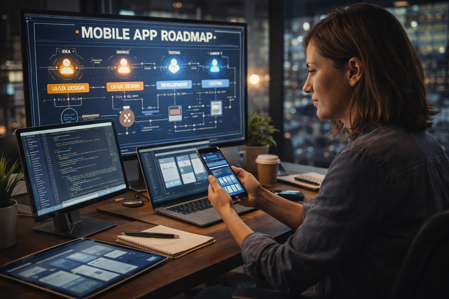 female systems engineer coding a mobile app while reviewing app development roadmap on large monitor with UI design and code screens