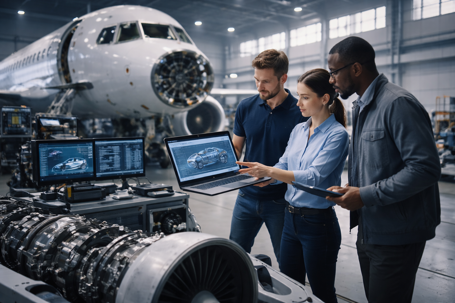 Aerospace engineers analyzing aircraft systems and jet engine components using advanced aerospace systems and digital engineering tools