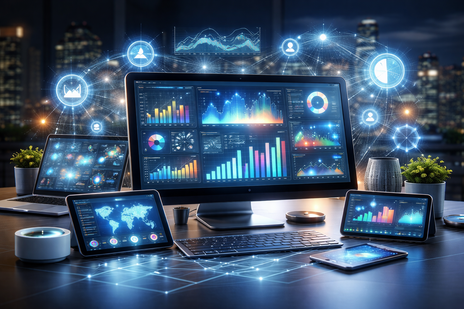 Realistic analytics tools dashboard with data visualization charts graphs and connected devices in a modern digital workspace