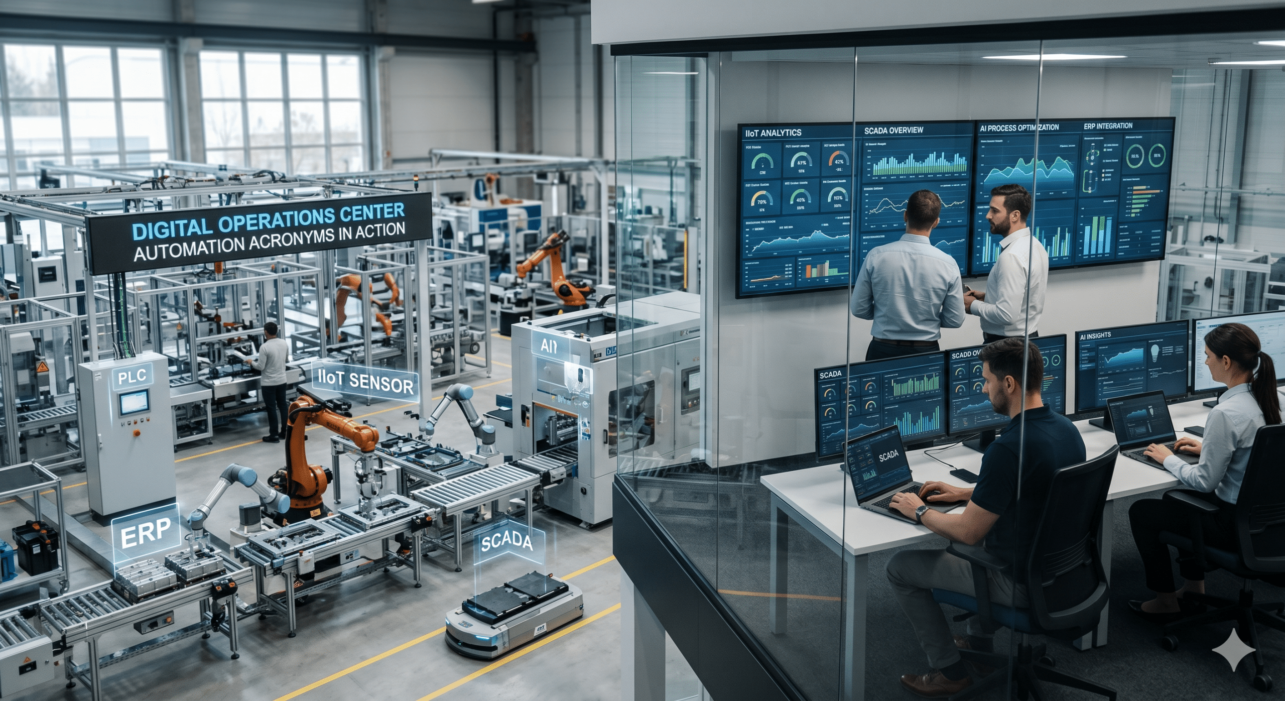 automation acronyms illustrated in a smart factory and digital dashboard showing PLC SCADA IIoT AI and ERP systems