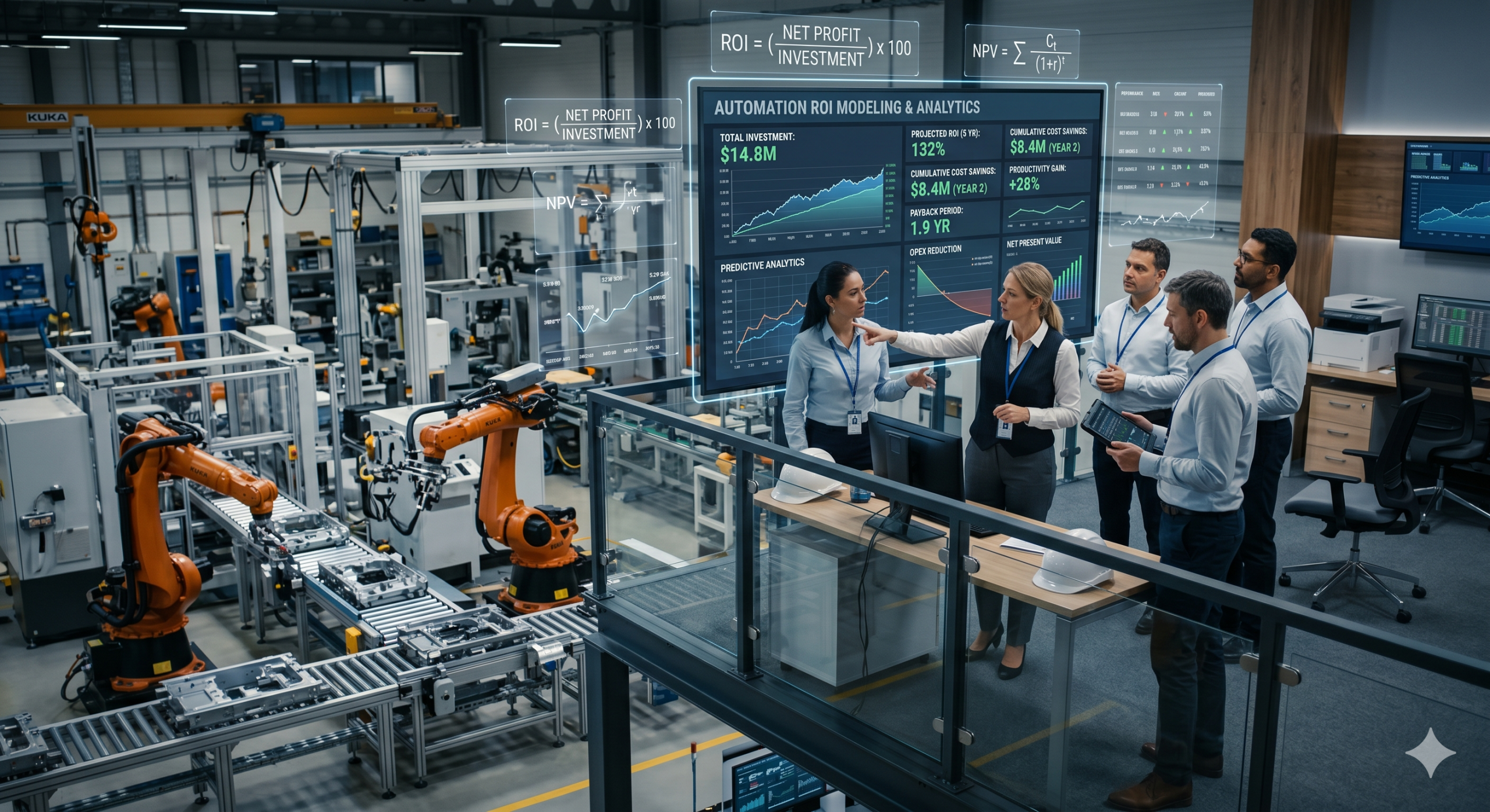 automation roi modeling shown with smart factory machines and financial dashboards displaying ROI cost savings and productivity metrics