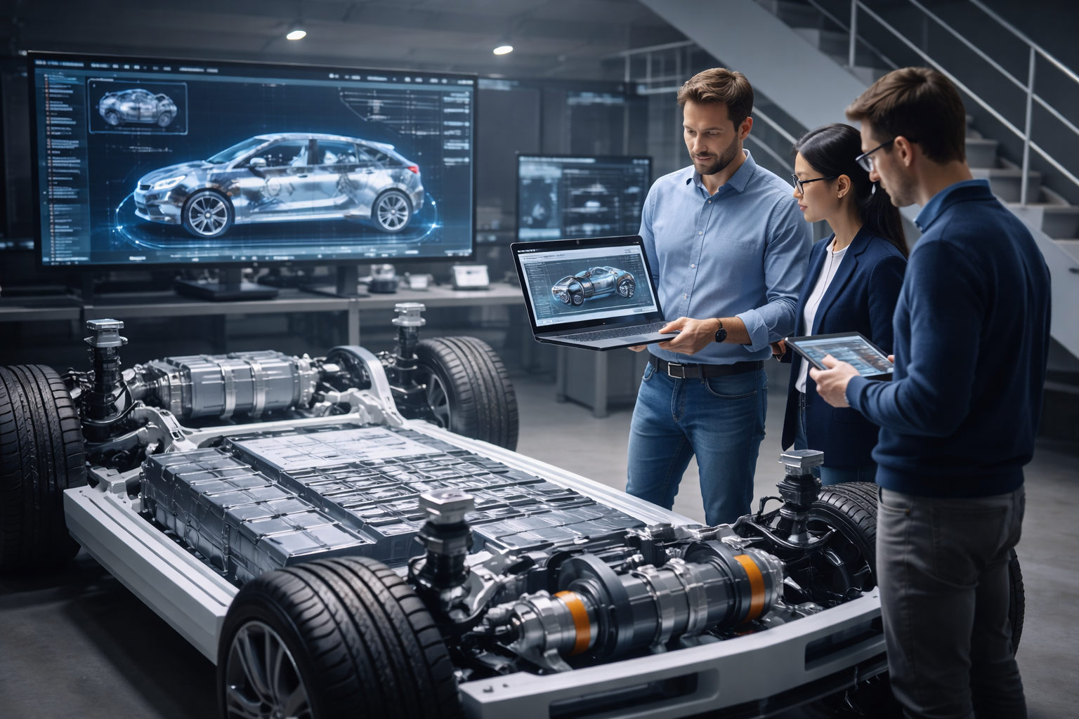 Automotive engineers analyzing electric vehicle chassis and battery system using advanced automotive tech and digital engineering tools