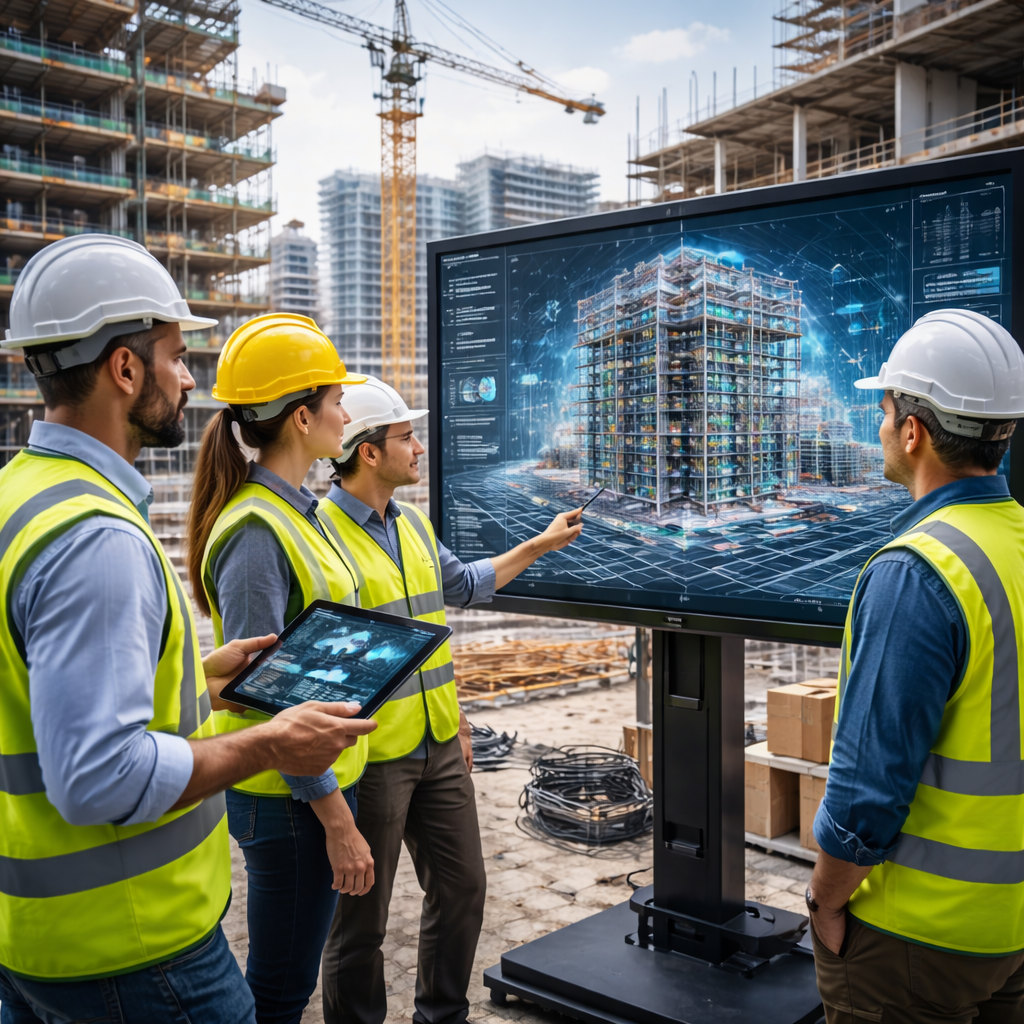 Construction technicians using BIM technology and digital tools to analyze building design on a smart screen at a construction site