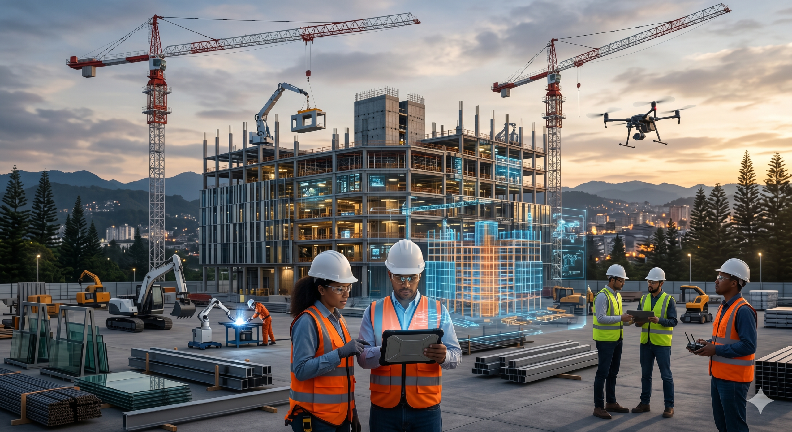 A diverse construction management team wearing hard hats and safety vests at a high-rise construction site during sunset in Baguio. A central female engineer shows a male colleague a detailed 3D digital building hologram and data on a tablet. The background features construction cranes, a surveyor drone, heavy machinery.
