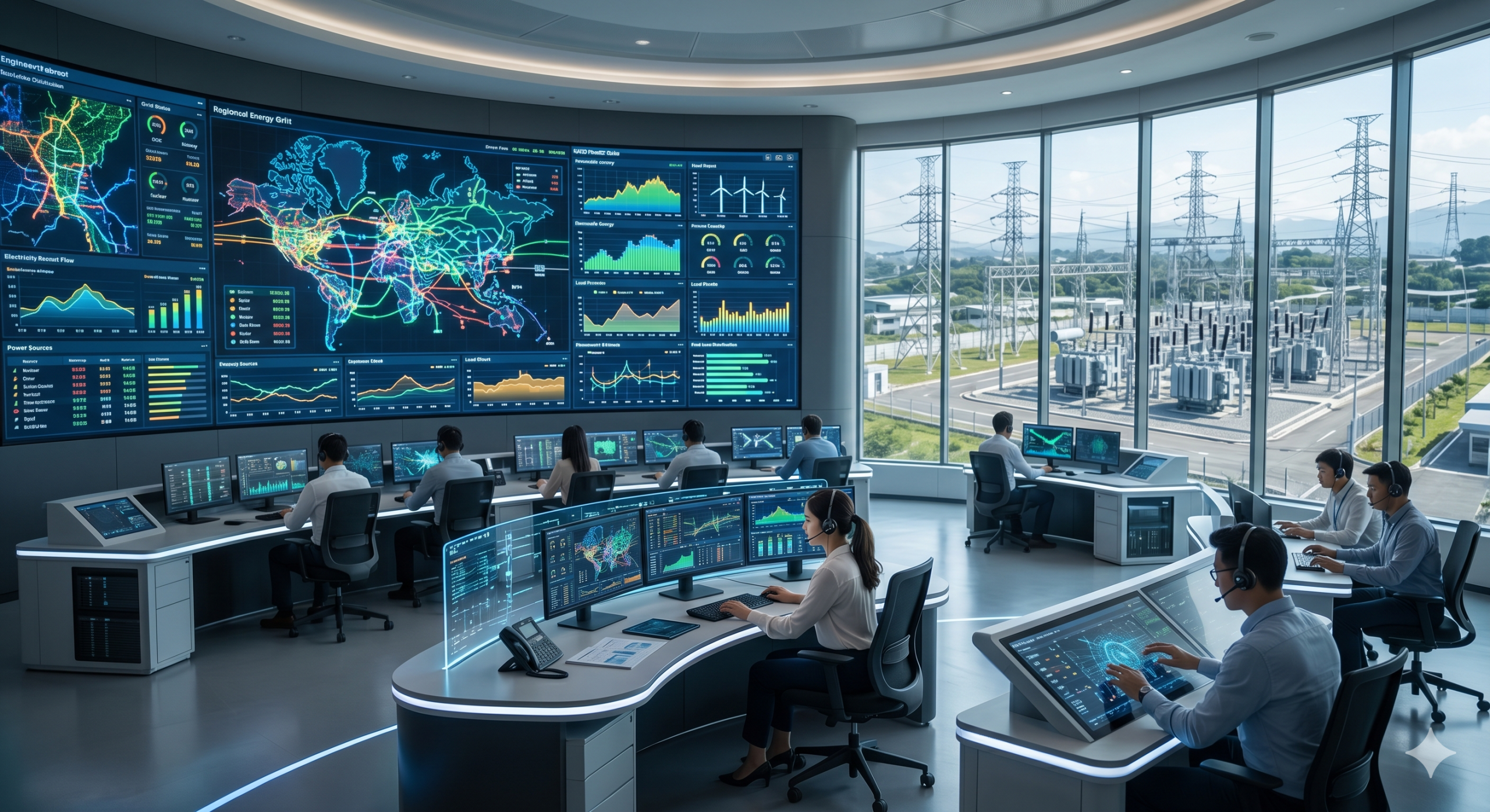 A photorealistic smart energy grid control center in 2026, featuring large digital screens with real-time electricity flow data, engineers monitoring grid information at desks with glowing overlays, and interconnected power lines with a substation visible through windows in a futuristic high-tech environment.