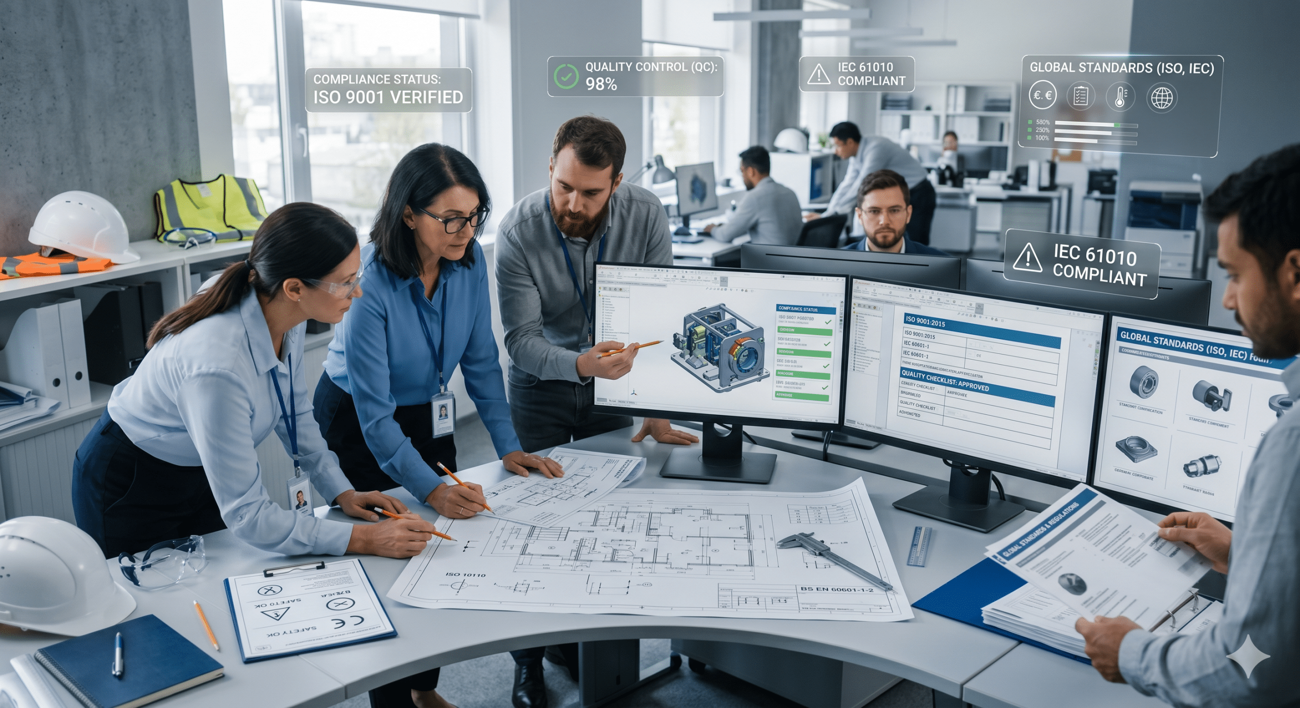 engineering standards overview showing engineers reviewing CAD designs technical drawings and compliance documentation