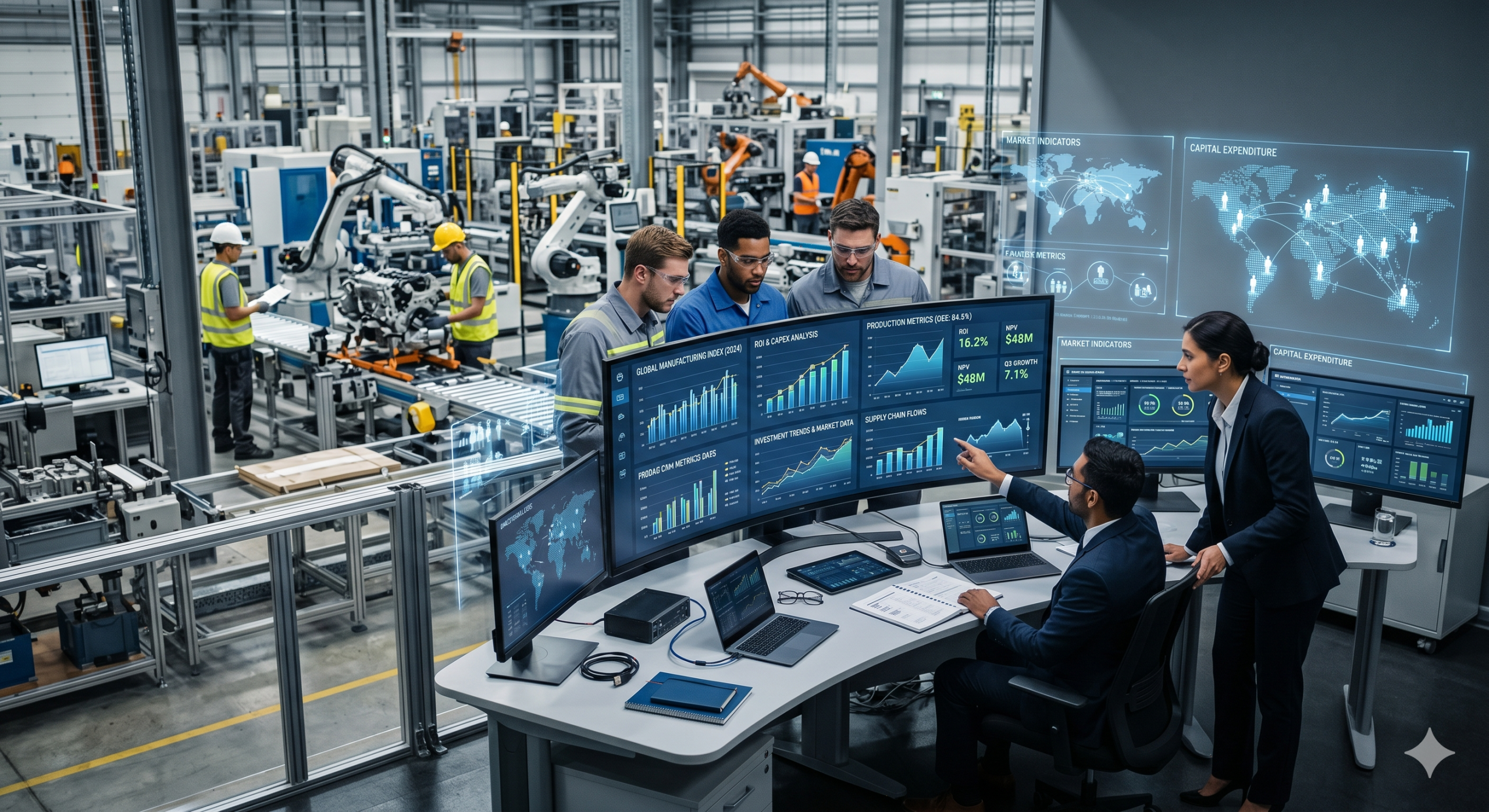 industrial economics and investment illustrated with smart factory machines and financial dashboards showing ROI and market trends