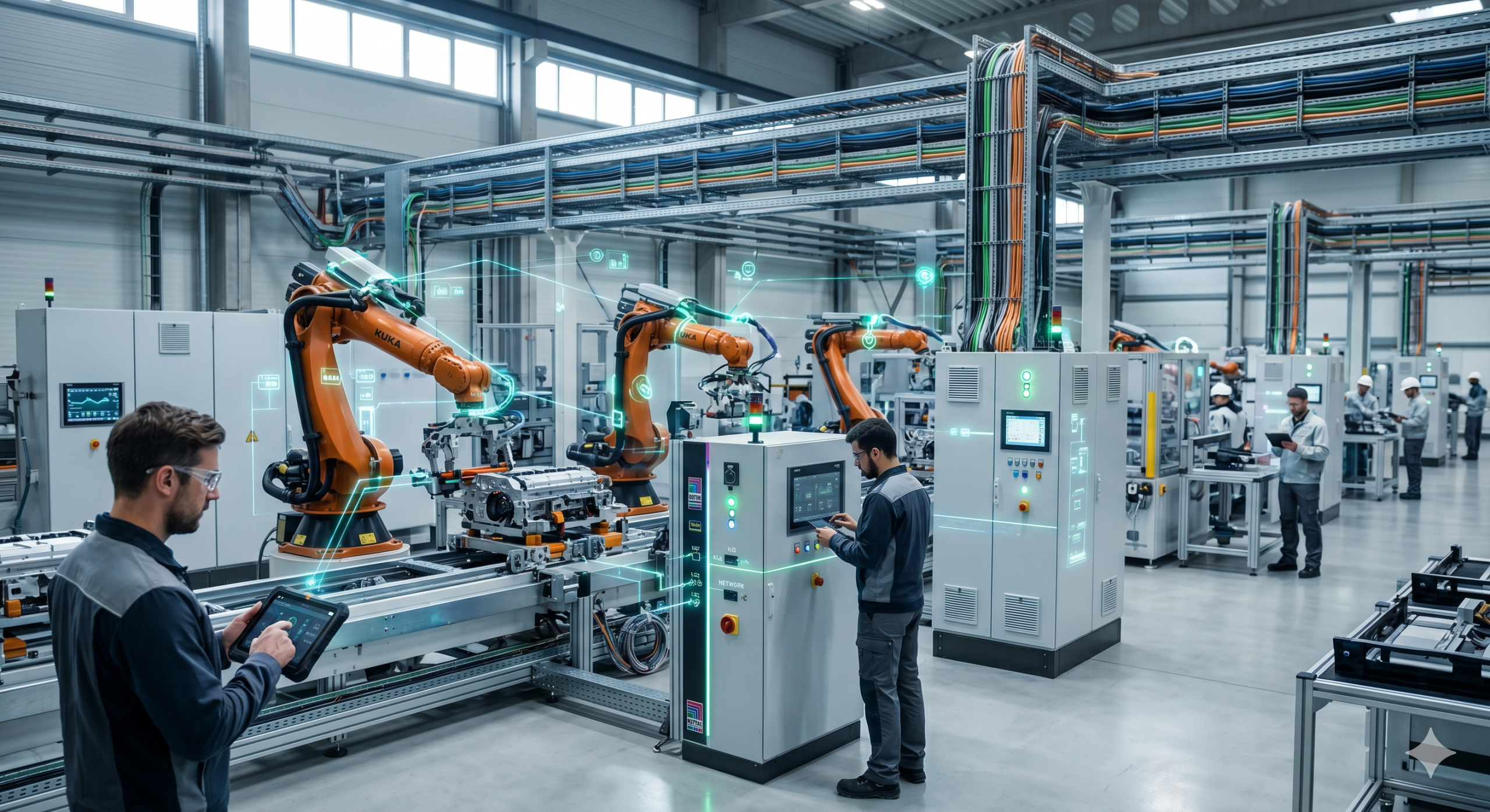 A 2026 smart factory with orange robotic arms, engineers using tablets, and green digital data overlays connecting machines via industrial cables and control panels.