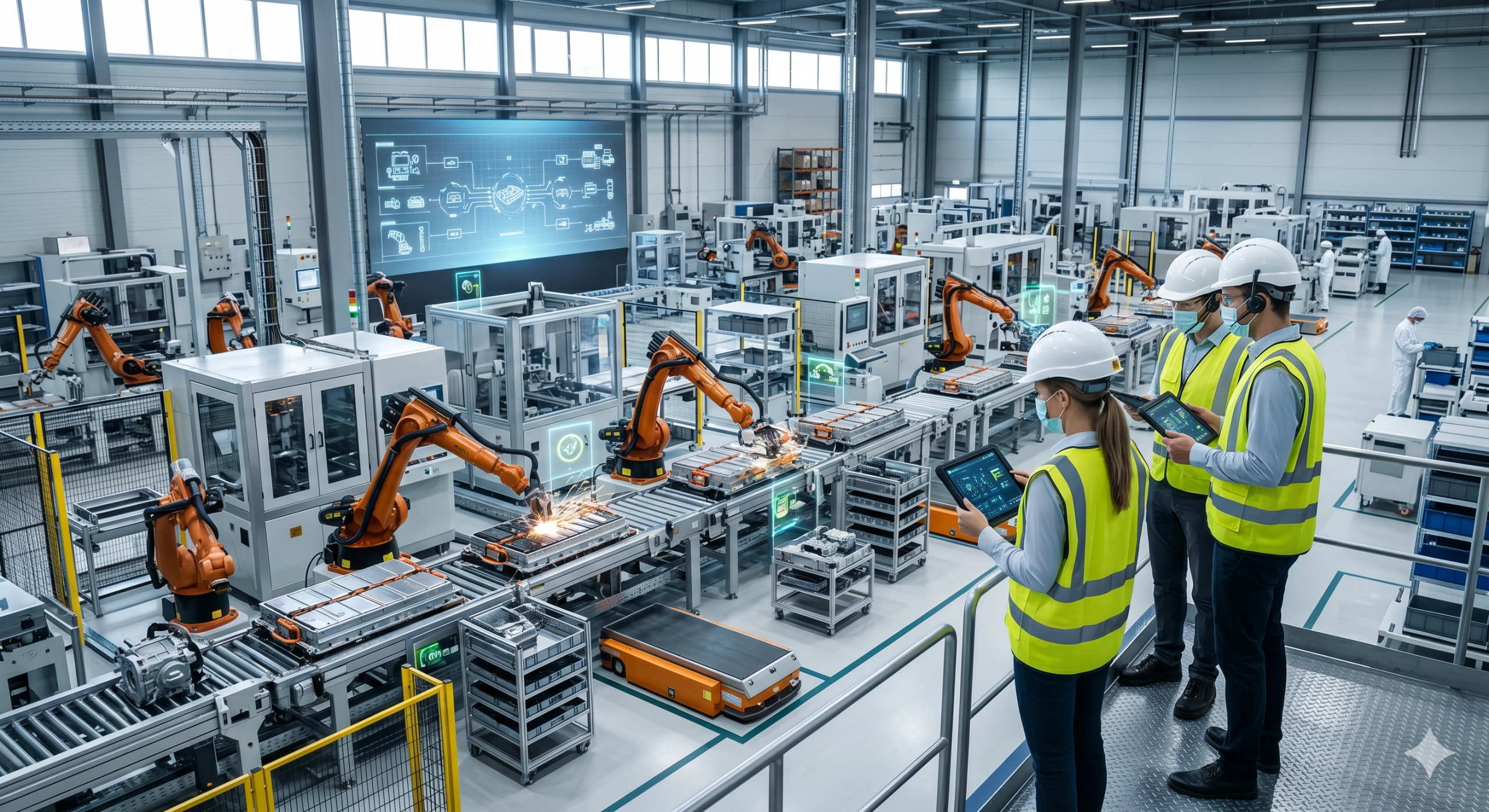A 2026 photorealistic manufacturing facility: production line with robotic arms assembling products. Three engineers with masks, headsets, and vests observe operations on tablets, while data overlays display key metrics and workflow diagrams. Ultra-detailed 8K resolution, cinematic lighting.