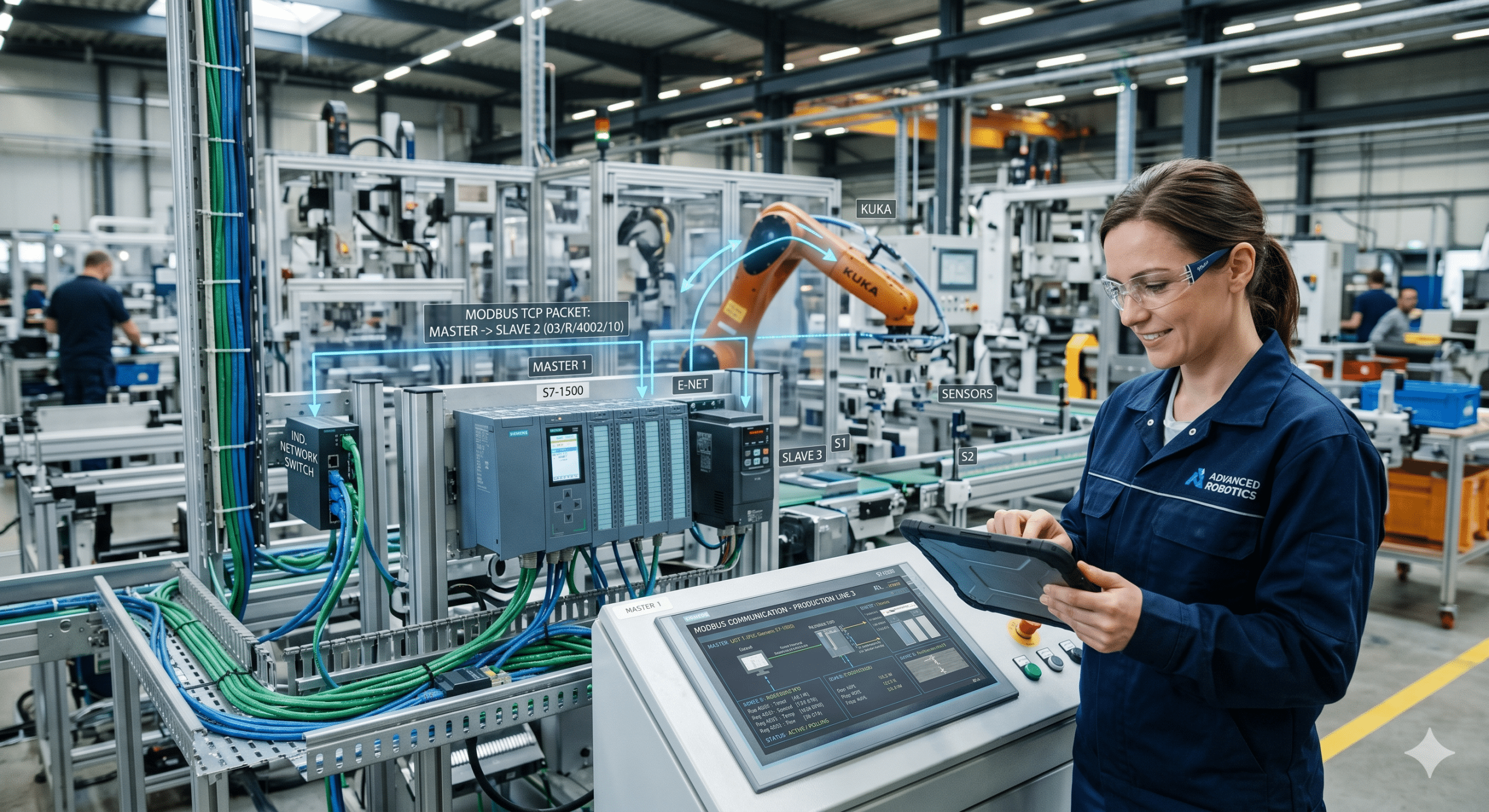 Modbus protocol guide showing industrial communication between PLCs, sensors, and control systems in a modern factory